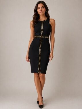 MAAC London Black Bandage Dress Womens 6 Gold Trim Sleeveless Bodycon